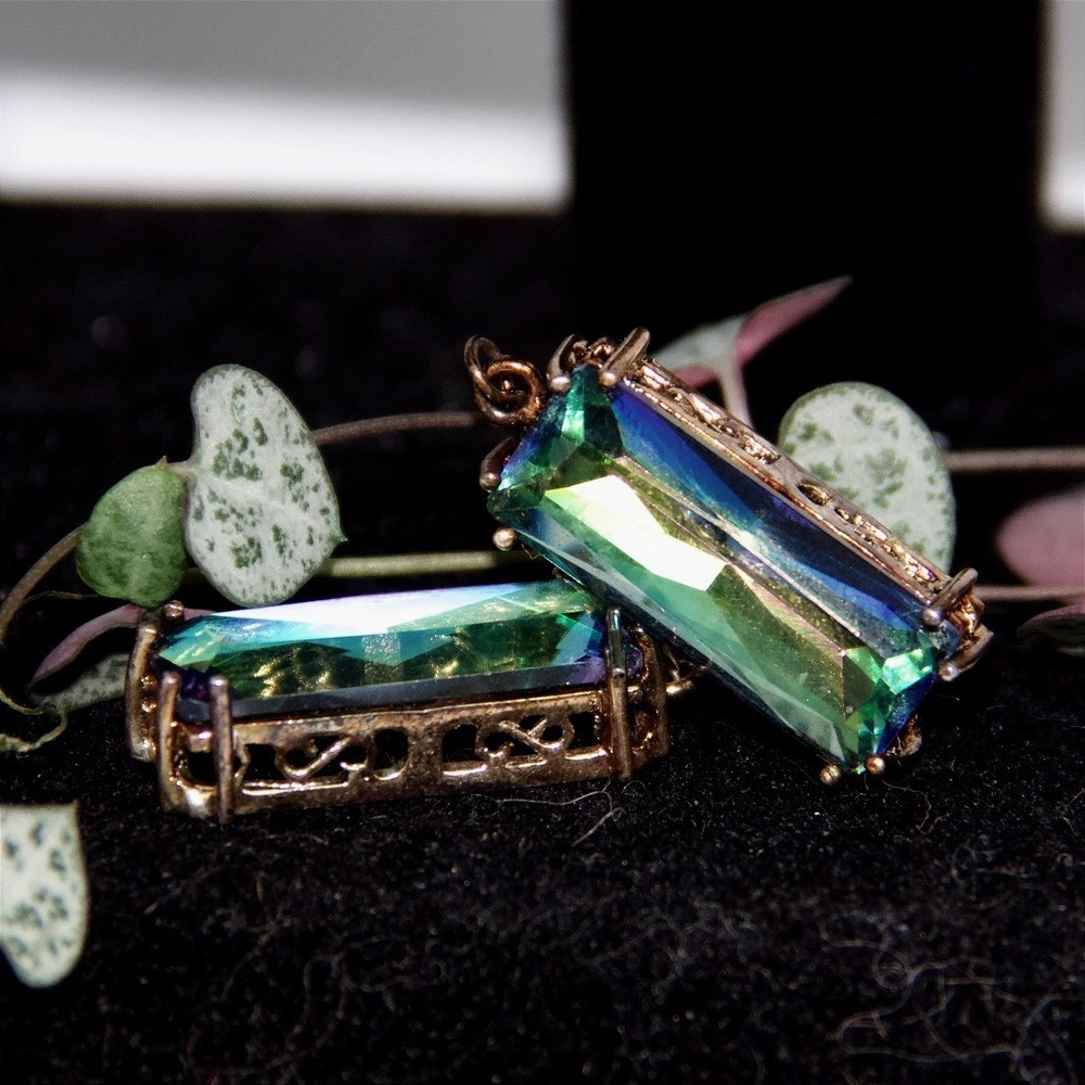 Sterling Silver Mystic Topaz Emerald Cut Filigree Drop Earrings Iridescent Green